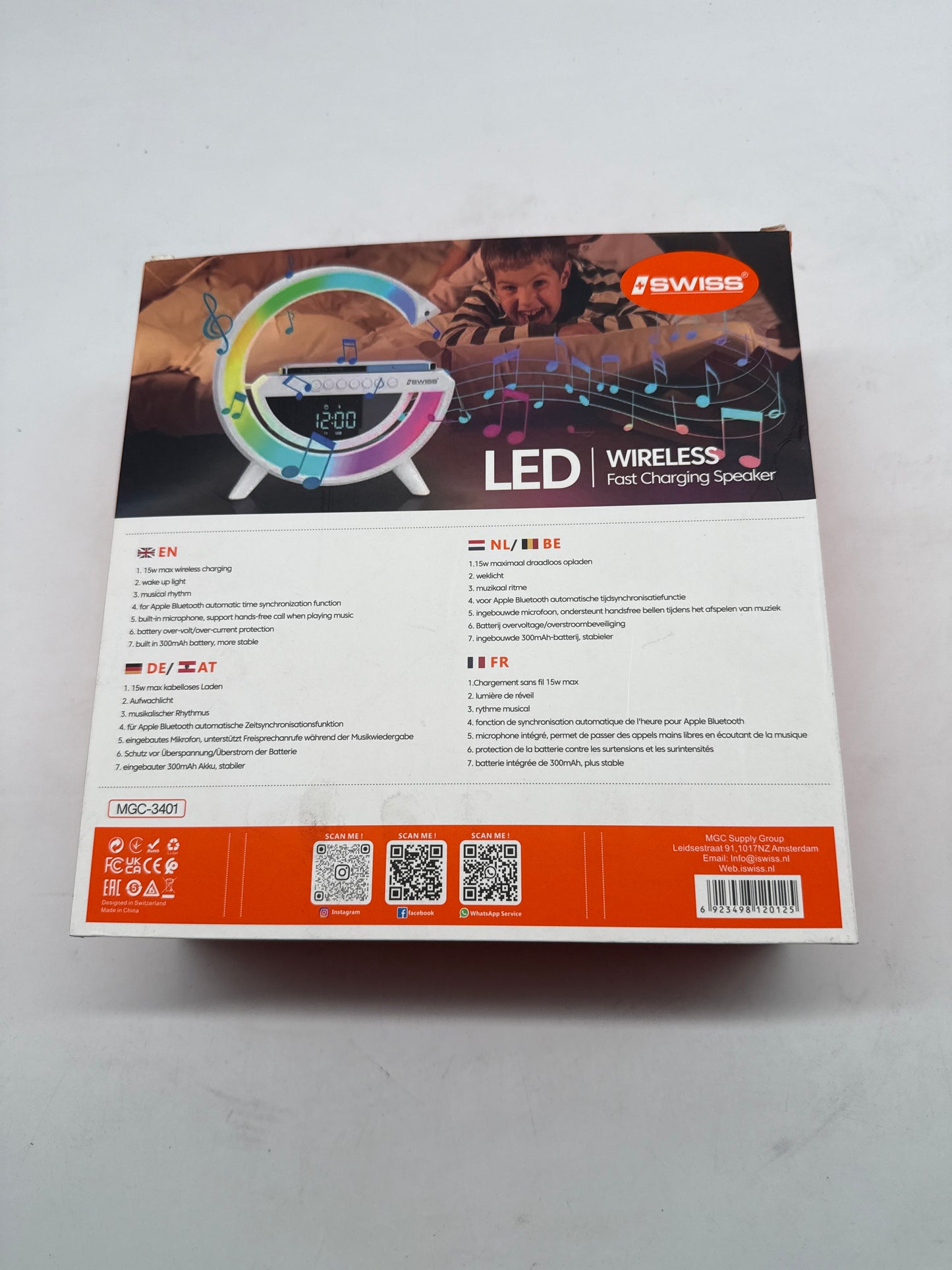 Kabellose LED-Tischlampe mit Wireless Charging, Bluetooth-Lautsprecher & Wecker (Weiß, A-Ware)