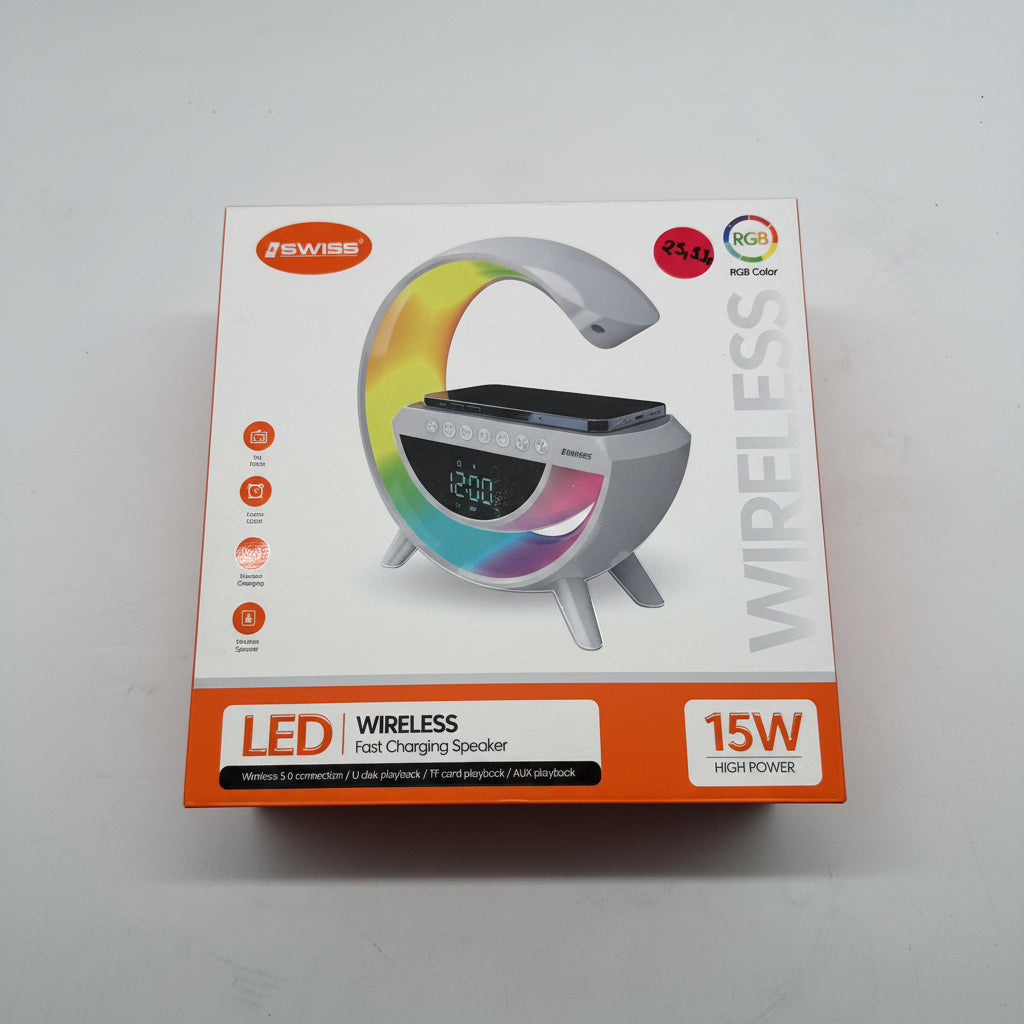 Kabellose LED-Tischlampe mit Wireless Charging, Bluetooth-Lautsprecher &amp; Wecker (Weiß, A-Ware)