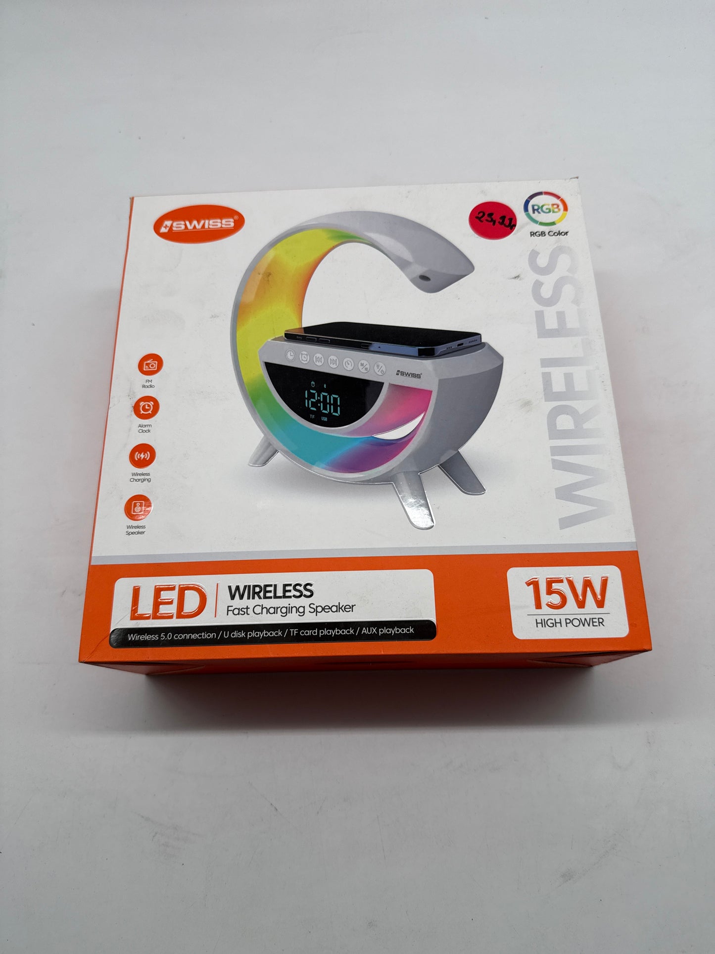 Kabellose LED-Tischlampe mit Wireless Charging, Bluetooth-Lautsprecher &amp; Wecker (Weiß, A-Ware)