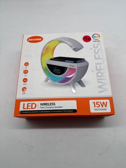 Kabellose LED-Tischlampe mit Wireless Charging, Bluetooth-Lautsprecher &amp; Wecker (Weiß, A-Ware)