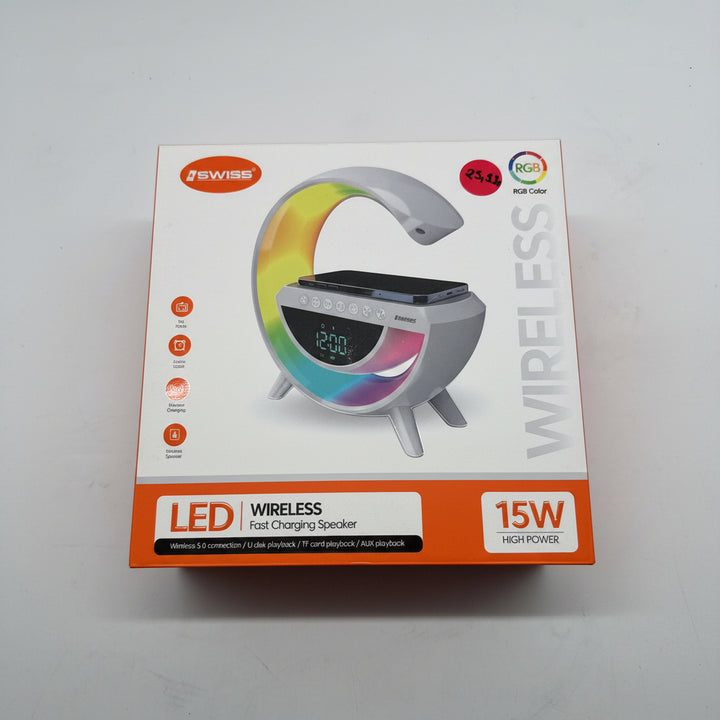 Kabellose LED-Tischlampe mit Wireless Charging, Bluetooth-Lautsprecher &amp; Wecker (Weiß, A-Ware)