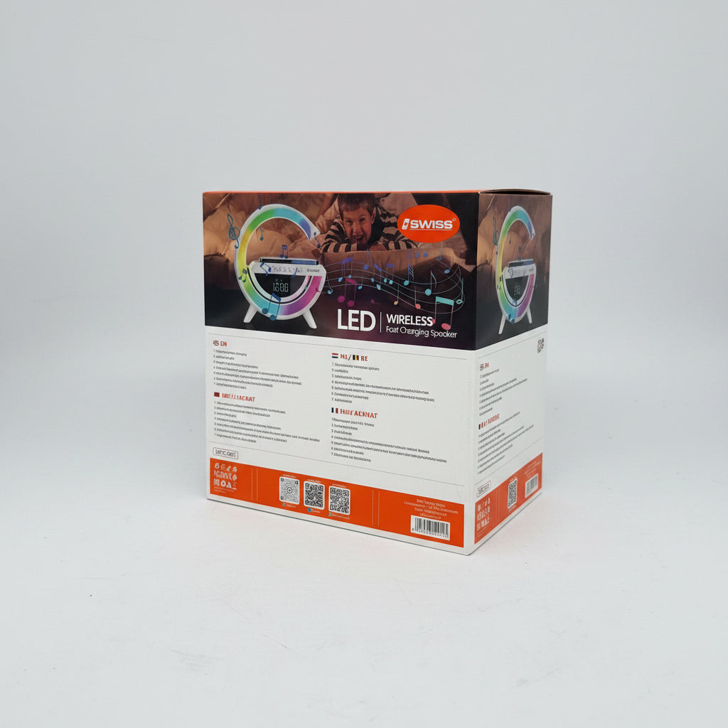 Kabellose LED-Tischlampe mit Wireless Charging, Bluetooth-Lautsprecher &amp; Wecker (Weiß, A-Ware)
