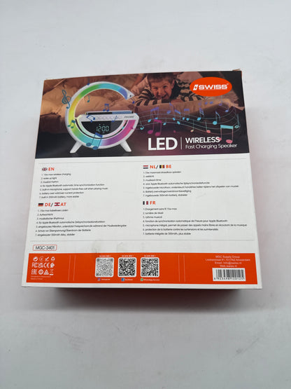 Kabellose LED-Tischlampe mit Wireless Charging, Bluetooth-Lautsprecher &amp; Wecker (Weiß, A-Ware)