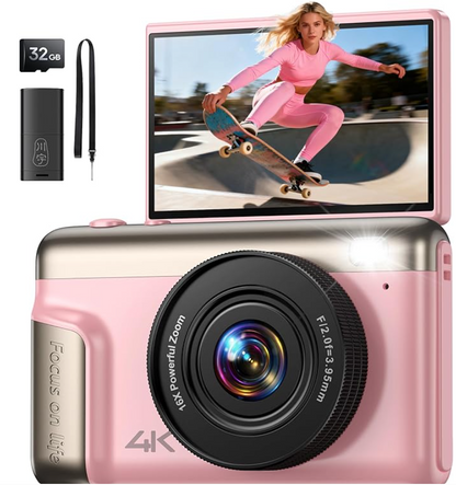 4K Digitalkamera für Kinder/Teenager (64 MP, 16x Zoom, Klappdisplay, Rosa, A-/B-Ware)