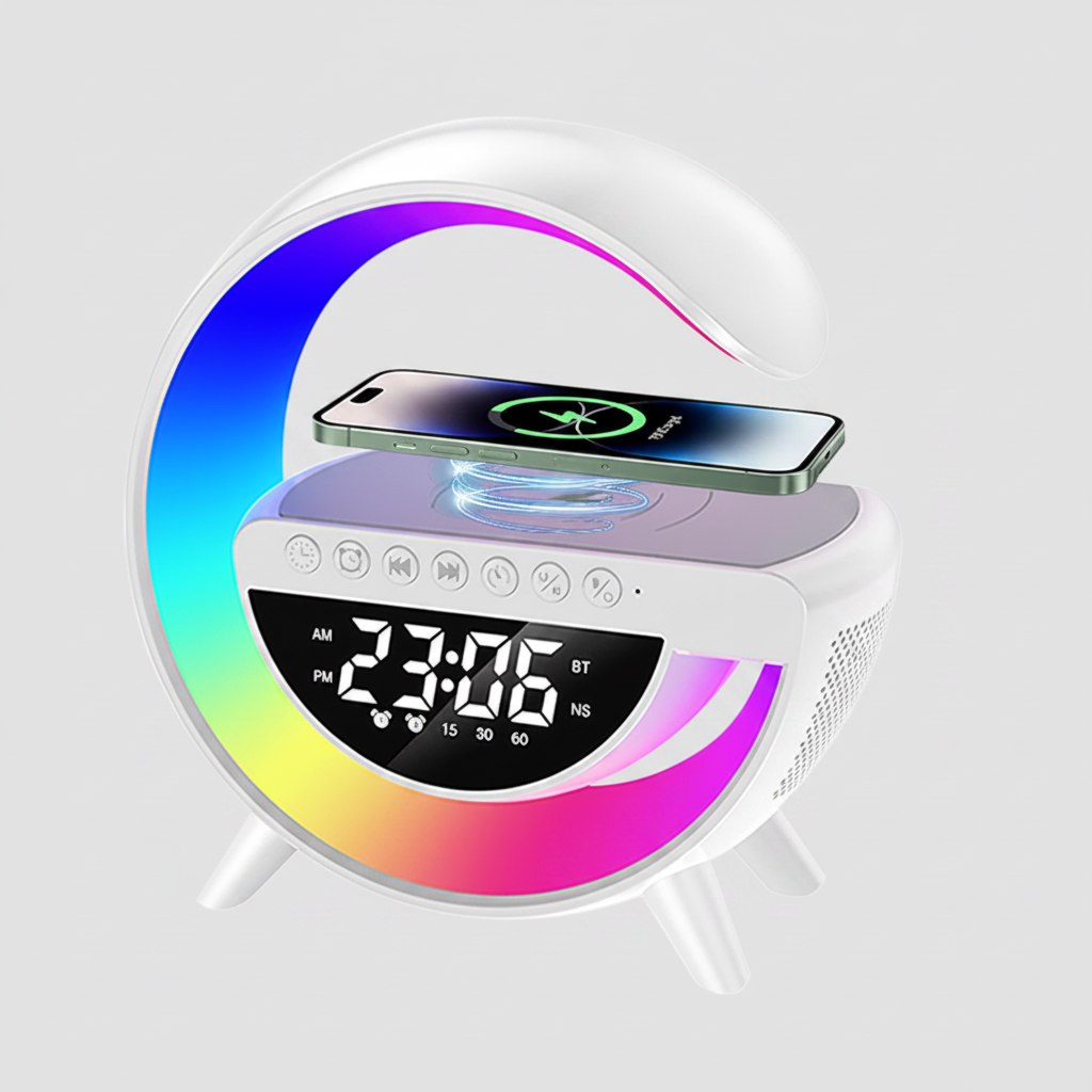 Kabellose LED-Tischlampe mit Wireless Charging, Bluetooth-Lautsprecher &amp; Wecker (Weiß, A-Ware)