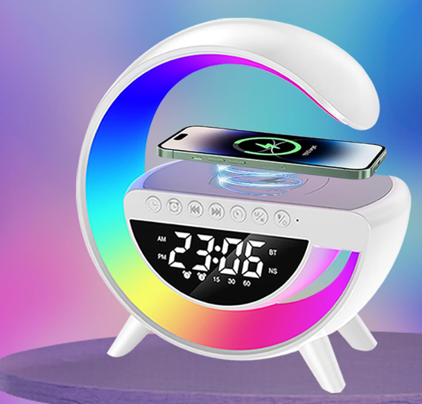 Kabellose LED-Tischlampe mit Wireless Charging, Bluetooth-Lautsprecher &amp; Wecker (Weiß, A-Ware)