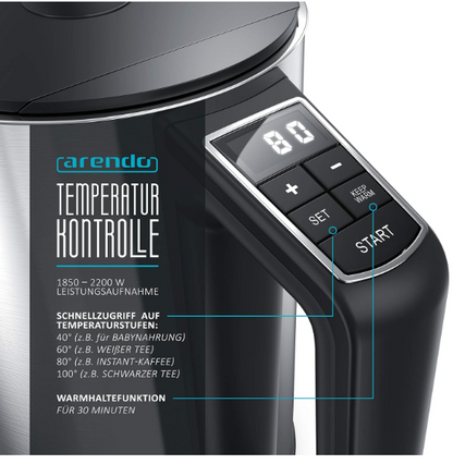 Arendo Edelstahl Wasserkocher „ELEGANT“ (1,5L, Temperatureinstellung 40–100°C)